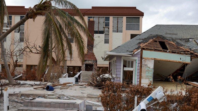 A destroyed building sits among debris after Hurricane Ian passed through the area on October 08, 2022 in Sanibel, Florida. 