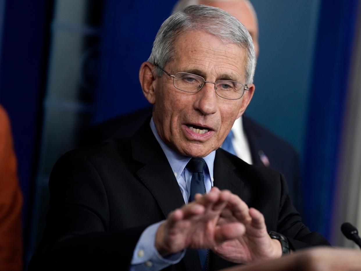 Dr. Anthony Fauci, director of the National Institute of Allergy and Infectious Diseases, speak during a press briefing with the coronavirus task force, at the White House, Tuesday, March 17, 2020, in Washington. (AP Photo/Evan Vucci)