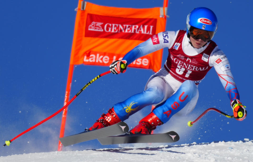 Mikaela Shiffrin, from the United States, skis down the course during the women's World Cup downhill ski race in Lake Louise, Alberta, Friday, Dec. 3, 2021. (Frank Gunn/The Canadian Press via AP)