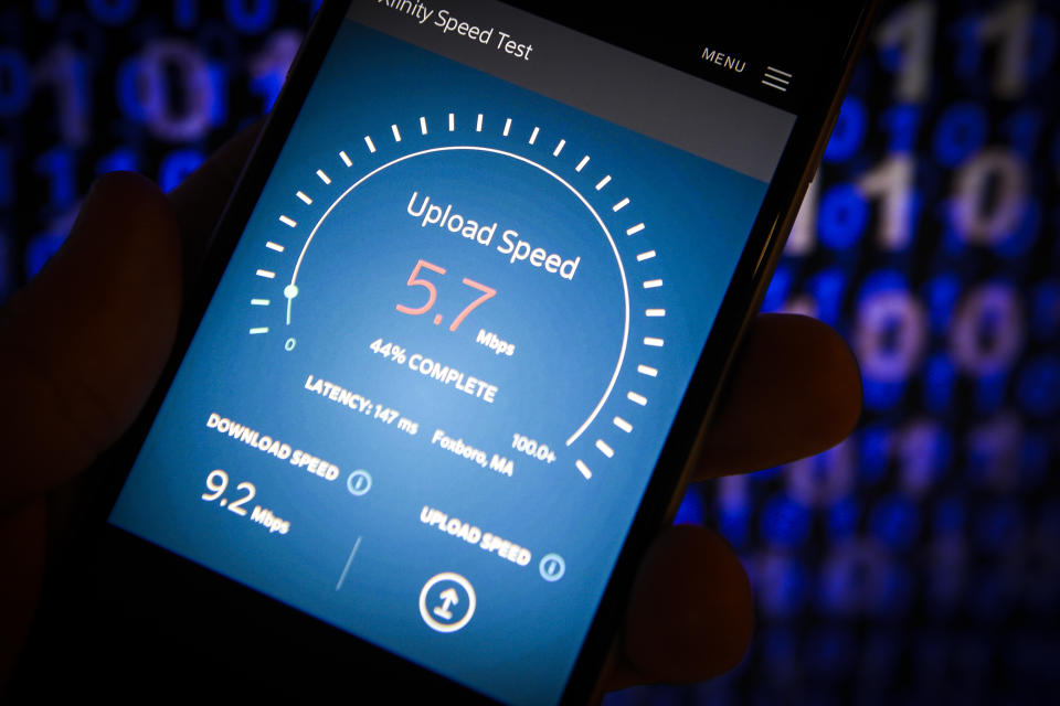 An internet speed test website is seen on a mobile device in this photo illustration on June 11, 2018 in Warsaw, Poland. With the American Federal Communications Commission having repealed law's that protect consumers from companies themselves determining internet speeds, the so called net neutrality rules fears arise that the internet will more and more resembel cable TV where a handful of big companies dominate broadcasting. (Photo by Jaap Arriens/NurPhoto via Getty Images)