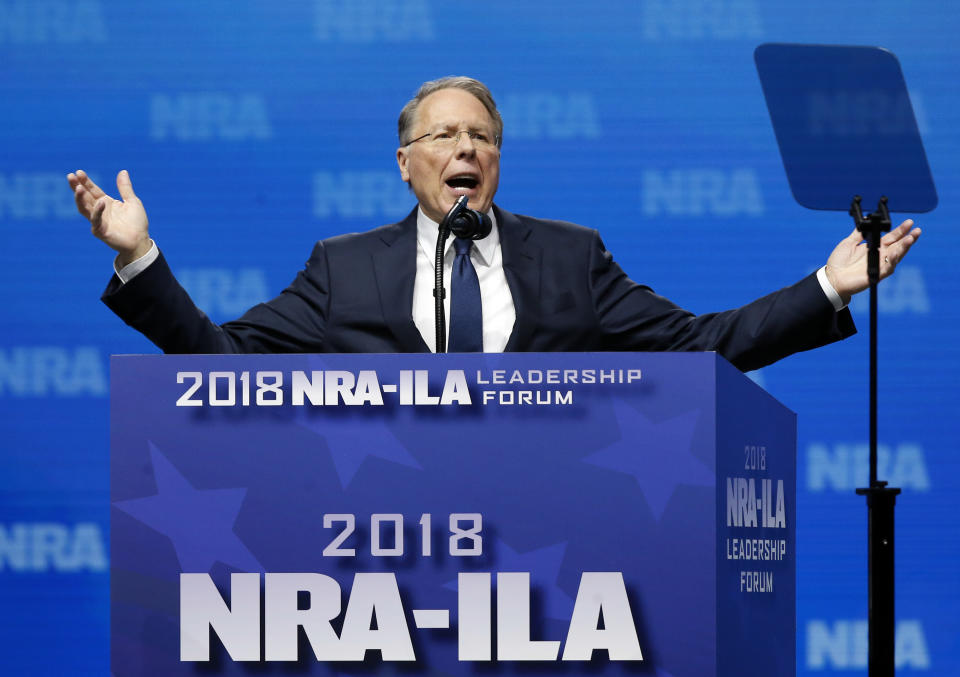 Wayne LaPierre, Executive Vice President of the National Rifle Association speaks at the NRA-Institute for Legislative Action Leadership Forum in Dallas, Friday, May 4, 2018. (AP Photo/Sue Ogrocki)