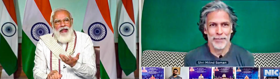 **EDS: SCREENSHOT FROM A VIDEO POSTED BY @narendramodi ON THURSDAY, SEPT. 24, 2020** New Delhi: Prime Minister Narendra Modi virtually interacts with Bollywood actor and fitness enthusiast Milind Soman along with others during Fit India Dialogue on the first anniversary of Fit India Movement, in New Delhi. (PTI Photo)(PTI24-09-2020_000032B)