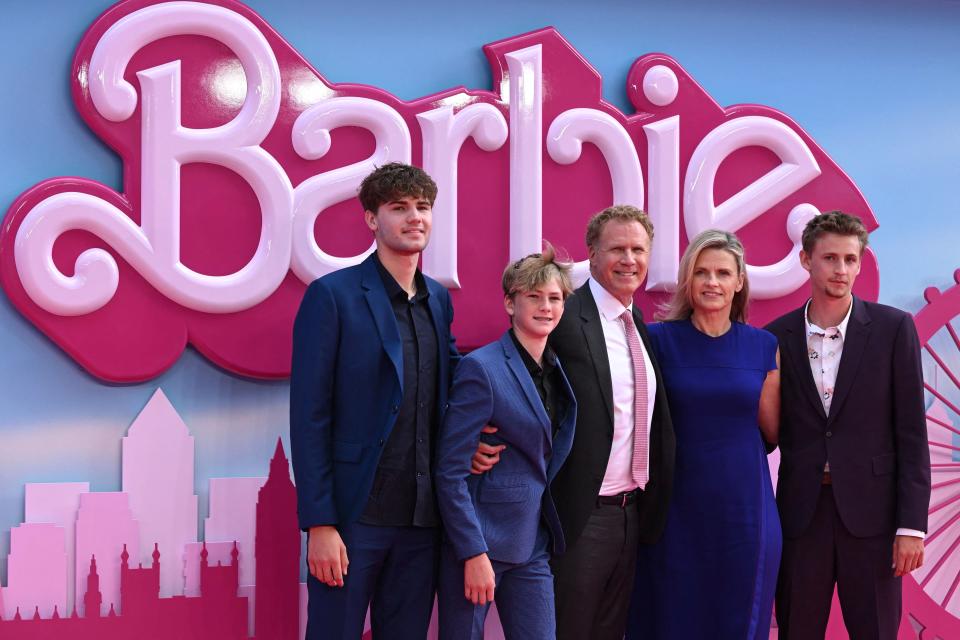 Will Ferrell, center, poses on the pink carpet with wife Viveca Paulin, center right, and their three children, from left, Mattias, Axel and Magnus upon arrival for the European premiere of "Barbie" in central London on July 12, 2023.