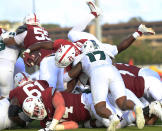 Stanford running back E.J. Smith (22) dives into the end zone for a touchdown against Hawaii during the first half of an NCAA college football game Friday, Sept. 1, 2023, in Honolulu. (Jamm Aquino/Honolulu Star-Advertiser via AP)
