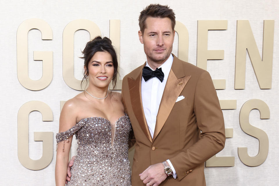 Sofia Pernas and Justin Hartley at the 81st Golden Globe Awards held at the Beverly Hilton Hotel on January 7, 2024 in Beverly Hills, California. (Photo by Tommaso Boddi/Golden Globes 2024/Golden Globes 2024 via Getty Images)