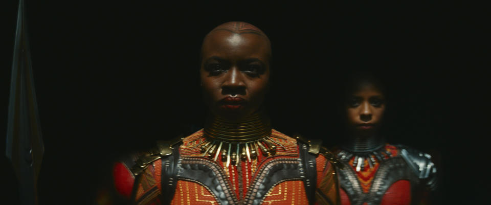 This image released by Marvel Studios shows Danai Gurira in a scene from "Black Panther: Wakanda Forever." (Marvel Studios via AP)