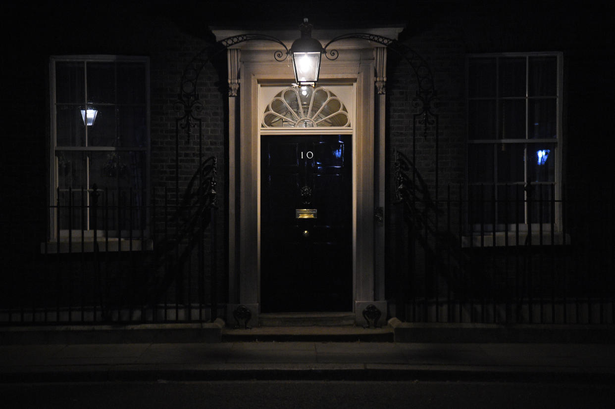 10 Downing Street in London on Sunday evening after Prime Minister Boris Johnson was admitted to hospital for tests as his coronavirus symptoms persist. (Photo by Kirsty O'Connor/PA Images via Getty Images)