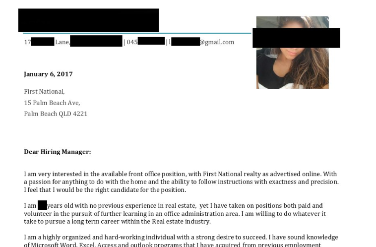 Screenshot of one of the exposed cover letters from a First National job applicant.