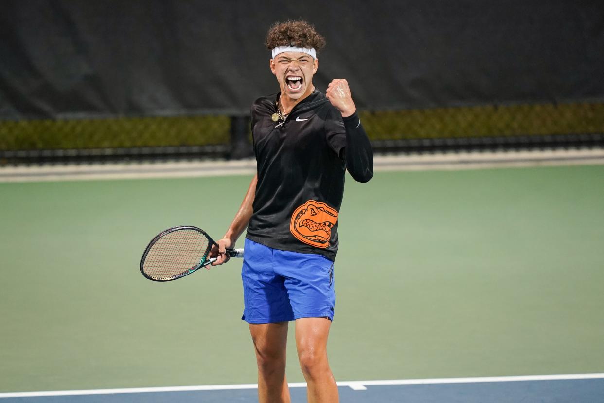 Ben Shelton of Florida State University reacts during his singles match against the University of Texas at Austin at the 2021 NCAA D1 Tennis Championships on Friday, May 21, 2021 at the USTA National Campus in Orlando, Florida. (Manuela Davies/USTA)