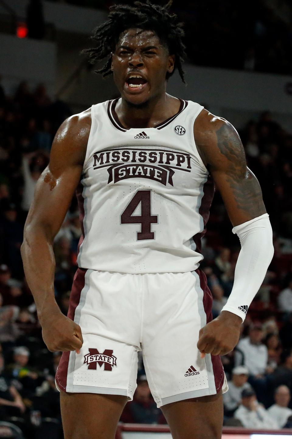 Jan 21, 2023; Starkville, Mississippi, USA; Mississippi State Bulldogs guard/forward Cameron Matthews (4) reacts after a dunk during the second half against the Florida Gators at Humphrey Coliseum. Mandatory Credit: Petre Thomas-USA TODAY Sports