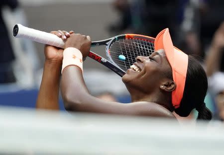 Sept 9, 2017; New York, NY, USA; Sloan Stephens of the USA after beating Madison Keys of the USA in the Women's Final in Ashe Stadium at the USTA Billie Jean King National Tennis Center. Mandatory Credit: Robert Deutsch-USA TODAY Sports