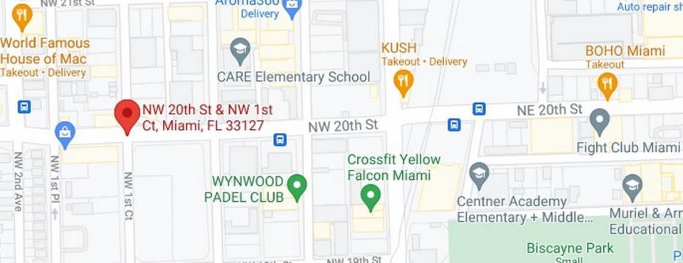 The area of Northwest First Court and 20th Street in Wynwood. Miami police are investigating a shooting just before midnight on May 28, 2021, that sent seven people to hospitals.