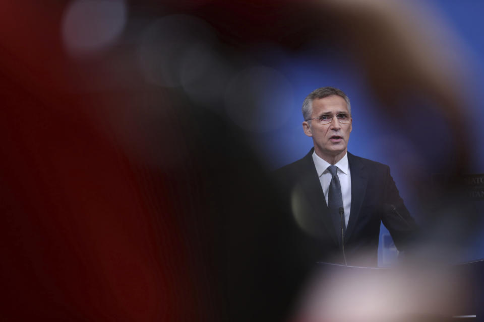 NATO Secretary General Jens Stoltenberg speaks during a media conference at NATO headquarters in Brussels, Monday, Dec. 3, 2018. NATO foreign ministers meet for a two-day session beginning on Tuesday, to discuss among other issues, tensions between Russia and Ukraine and Moscow's missile development. (AP Photo/Francisco Seco)