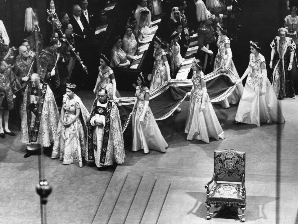 Her maids of honour accompanied her up Westminster Abbey for the ceremony.