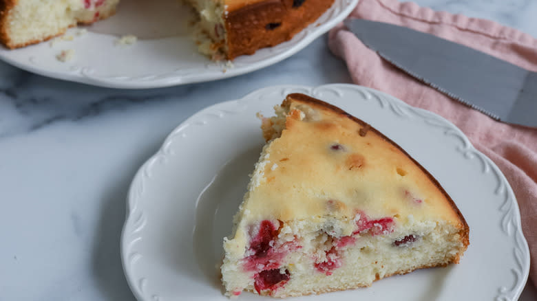 cranberry cake on white plate