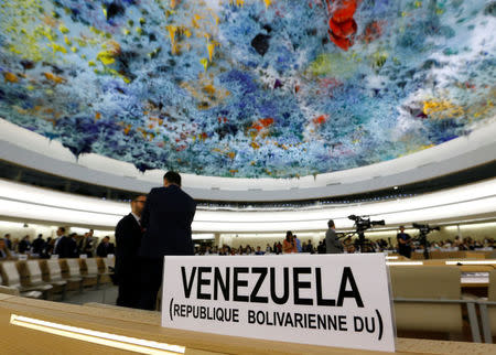 The name place sign of Venezuela is pictured on the country's desk at the 36th Session of the Human Rights Council at the United Nations in Geneva, Switzerland September 11, 2017. REUTERS/Denis Balibouse