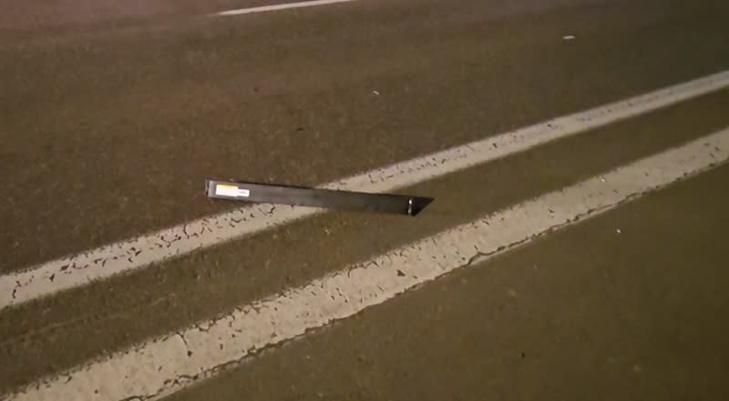 A spike strip placed by police during a street takeover on NE Glisan in Portland, April 14, 2024 (KOIN)