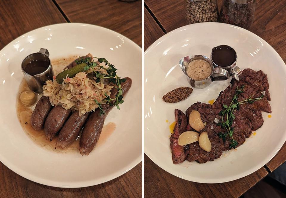 The farmer's beef sausage is full of herbs, giving it a more complex flavour profile (left). You really can't get better value for money than with hanger steak as it's cheaper than prime cuts and way more flavourful (right).