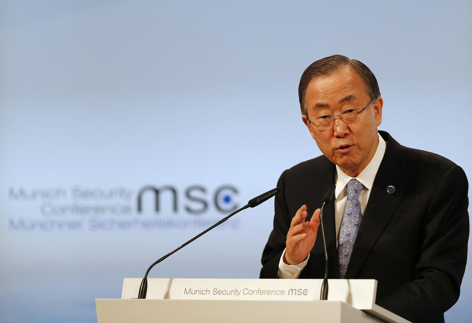 UN Secretary General Ban Ki-moon addresses during the 50th Security Conference in Munich, Germany, Saturday, Feb. 1, 2014. (AP Photo/Frank Augstein)