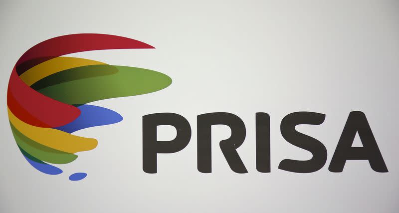 The Prisa logo can be seen on a banner during their shareholders meeting in Madrid, Spain