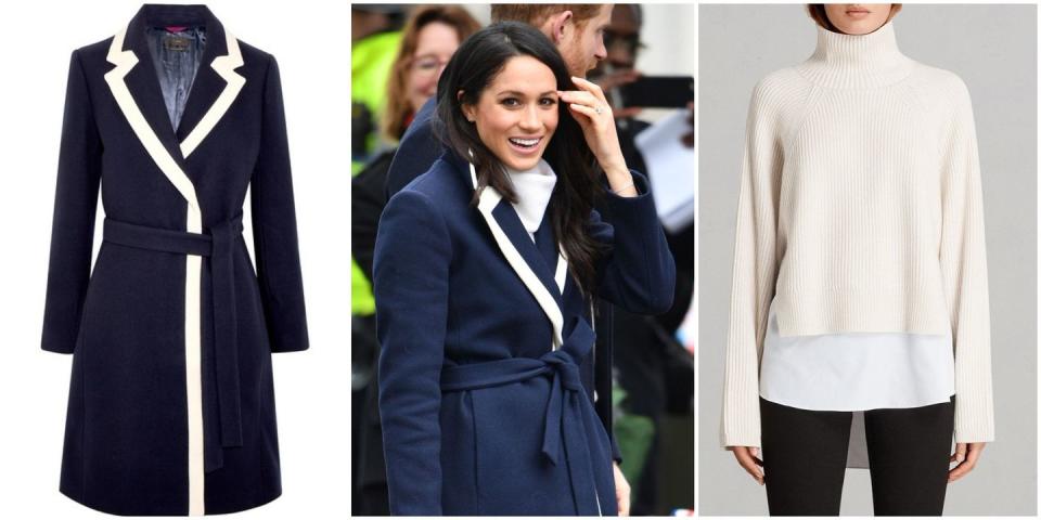 <p>For her trip to Birmingham on International Women's Day, Meghan wore a now sold-out <a rel="nofollow noopener" href="https://www.net-a-porter.com/gb/en/product/975199?cm_mmc=LinkshareUK-_-TnL5HPStwNw-_-LinkshareUS-_-J84DHJLQkR4-_-Custom-_-LinkBuilder&siteID=J84DHJLQkR4-kqHF2aEzqZnHsdu6c4jWew&ShopStyle+(POPSUGAR)=ShopStyle+(POPSUGAR)&siteID=TnL5HPStwNw-tAkWsoNqKZ4aOERaLrj7bg&Skimlinks.com=Skimlinks.com" target="_blank" data-ylk="slk:two-tone J Crew coat;elm:context_link;itc:0;sec:content-canvas" class="link ">two-tone J Crew coat</a> (similar available <a rel="nofollow noopener" href="https://www.beulahlondon.com/product/chiara-navy-coat/" target="_blank" data-ylk="slk:here;elm:context_link;itc:0;sec:content-canvas" class="link ">here</a>) over her white AllSaints Ridley jumper (similar available <a rel="nofollow noopener" href="https://www.allsaints.com/women/knitwear/allsaints-jones-jumper/?colour=4068&category=26" target="_blank" data-ylk="slk:here;elm:context_link;itc:0;sec:content-canvas" class="link ">here</a>) - a subtle nod to the colour the suffragettes wore in the early 20th century as they fought for the right to vote, perhaps?</p>
