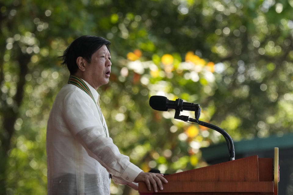 Philippine President Ferdinand Marcos Jr. delivers his speech at the 126th founding anniversary of the Philippine Army at Fort Bonifacio in Taguig, Philippines on Wednesday, March 22, 2023. (AP Photo/Aaron Favila)