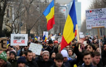 Protesters take part in a demonstration in Bucharest, Romania, February 4, 2017. REUTERS/Stoyan Nenov