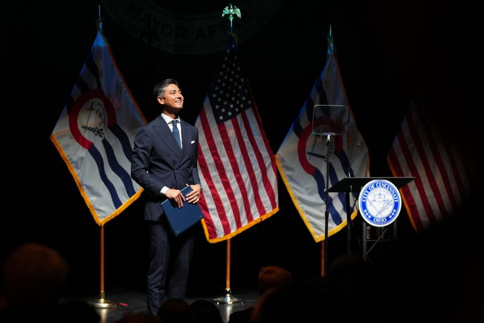 Cincinnati Mayor Aftab Pureval concludes the annual State of the City address, Monday, Nov. 13, 2023, from the Aronoff Center in Downtown Cincinnati.
