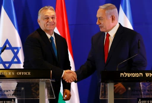 Israeli Prime Minister Benjamin Netanyahu has drawn criticism for wooing Hungarian counterpart Viktor Orban (L) who is accused of stoking anti-Semitism in Hungary with nationalist rhetoric and a campaign against US Jewish philanthropist George Soros