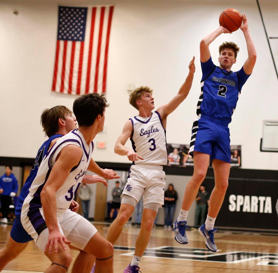 Greenwood's Collin Clark takes a shot against Fair Grove during the district tournament at Sparta High School on February 24, 2024.