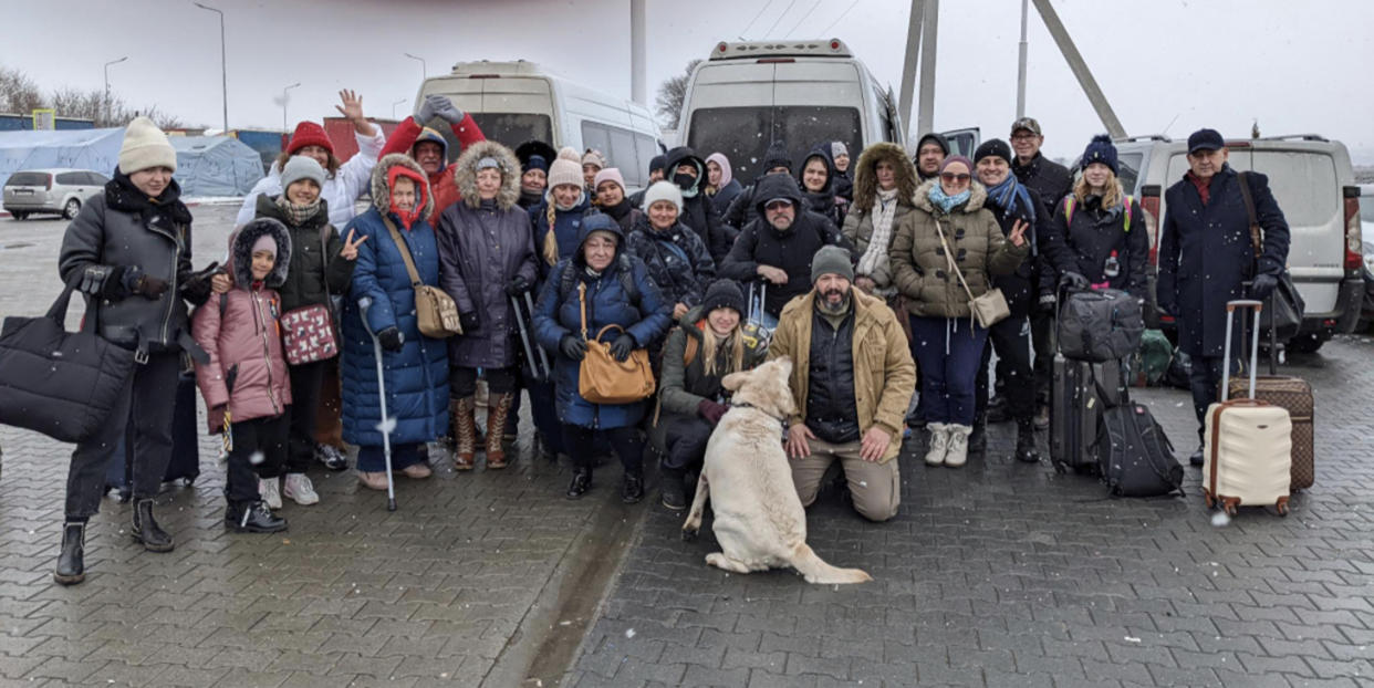 Bryan Stern pictured with refugees he was able to help safely evacuate from Kyiv. Stern said Project Dynamo is rescuing cats and dogs, too. (Courtesy of Project Dynamo)