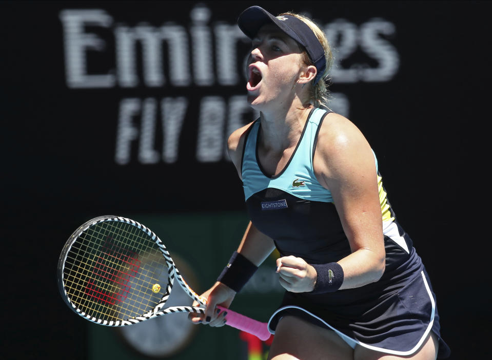 Russia's Anastasia Pavlyuchenkova reacts during her third round singles match against Karolina Pliskova of the Czech Republic at the Australian Open tennis championship in Melbourne, Australia, Saturday, Jan. 25, 2020. (AP Photo/Dita Alangkara)