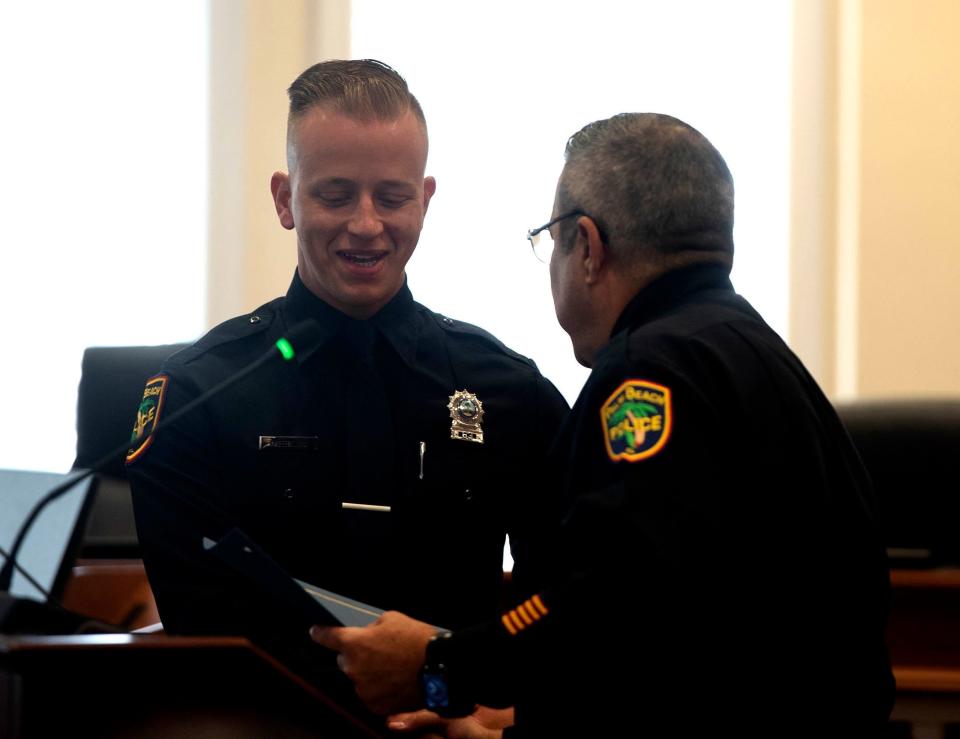 Palm Beach Police Officer Daniel Meblin, left, is named Officer of the Month for September 2023.