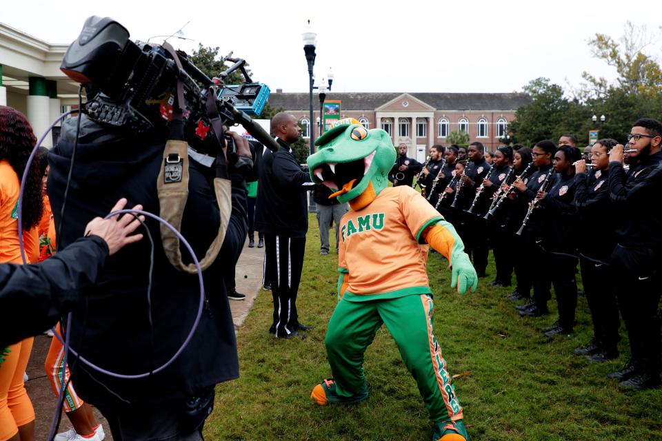Venom, the FAMU mascot, dances in front of a camera during a live broadcast of the Marching 100 on HLN-CNN on Friday, Nov. 15, 2019.