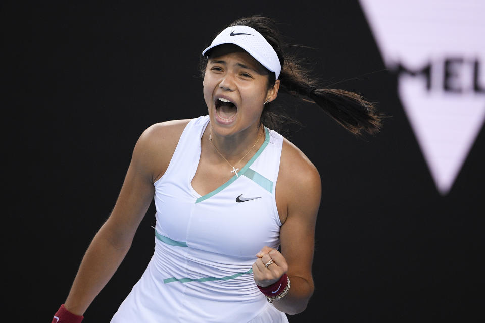 Emma Raducanu of Britain reacts after winning a point against Danka Kovinic of Montenegro during their second round match at the Australian Open tennis championships in Melbourne, Australia, Thursday, Jan. 20, 2022. (AP Photo/Andy Brownbill)