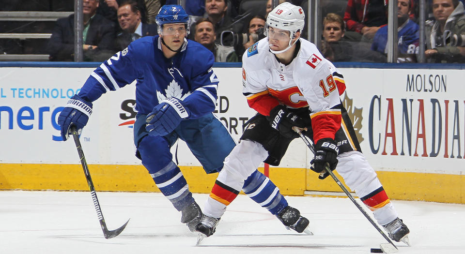 Flames winger Matthew Tkachuk is facing a second suspension in less than a month for his antics in Wednesday’s loss to the Maple Leafs. (Photo by Claus Andersen/Getty Images)