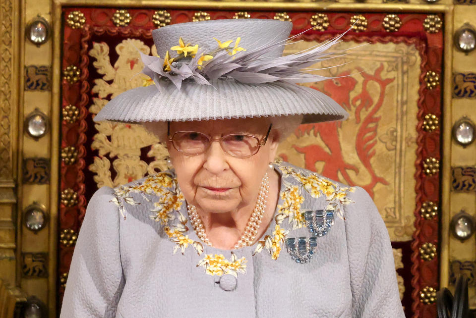 LONDON, ENGLAND - MAY 11:  Queen Elizabeth II delivers the Queen's Speech in the House of Lord's Chamber during the State Opening of Parliament at the House of Lords on May 11, 2021 in London, England. (Photo by Chris Jackson - WPA Pool/Getty Images)