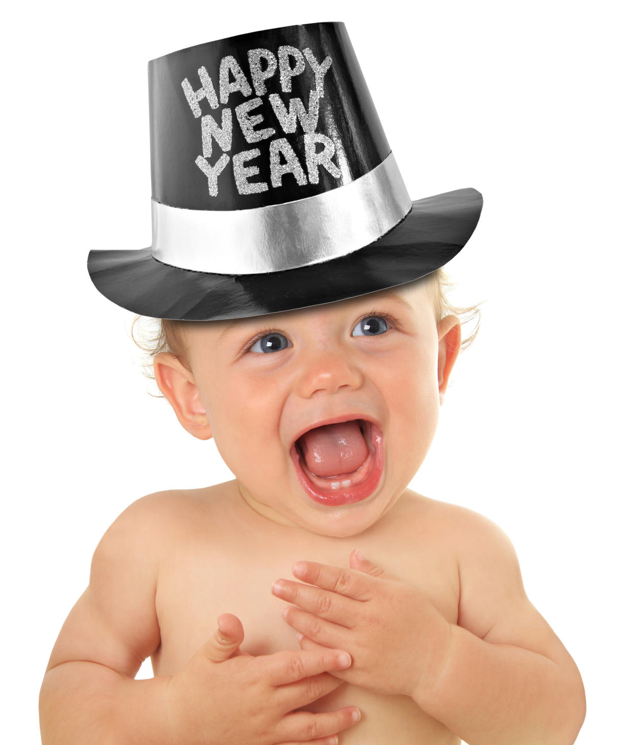 Happy New Year baby boy, studio isolated on white.