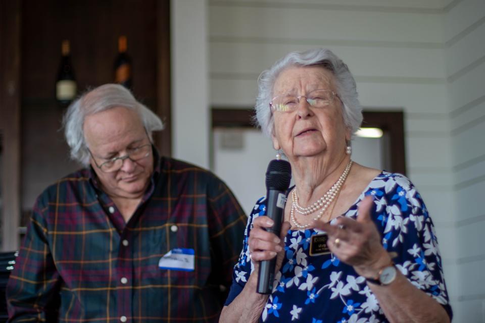 Marshall Deutelbaum prepares the next question he wanted to ask Mary Gardner, one of the founders of the Wabash Area Lifetime Learning Association, as she speaks to the audience at the WALLA 30th year celebration, April 22, 2022, at Walt's Pub & Grill on 1050 Kalberer Road, in West Lafayette.