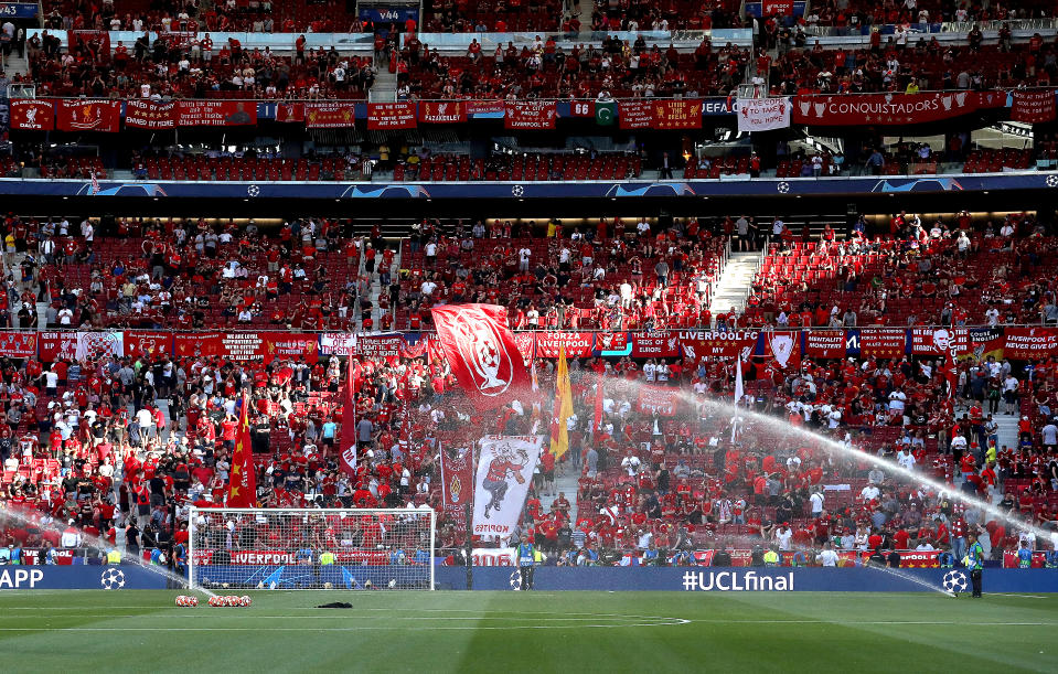 A general view of Liverpool fans in the stands ahead of the UEFA Champions League Final at the Wanda Metropolitano, Madrid.