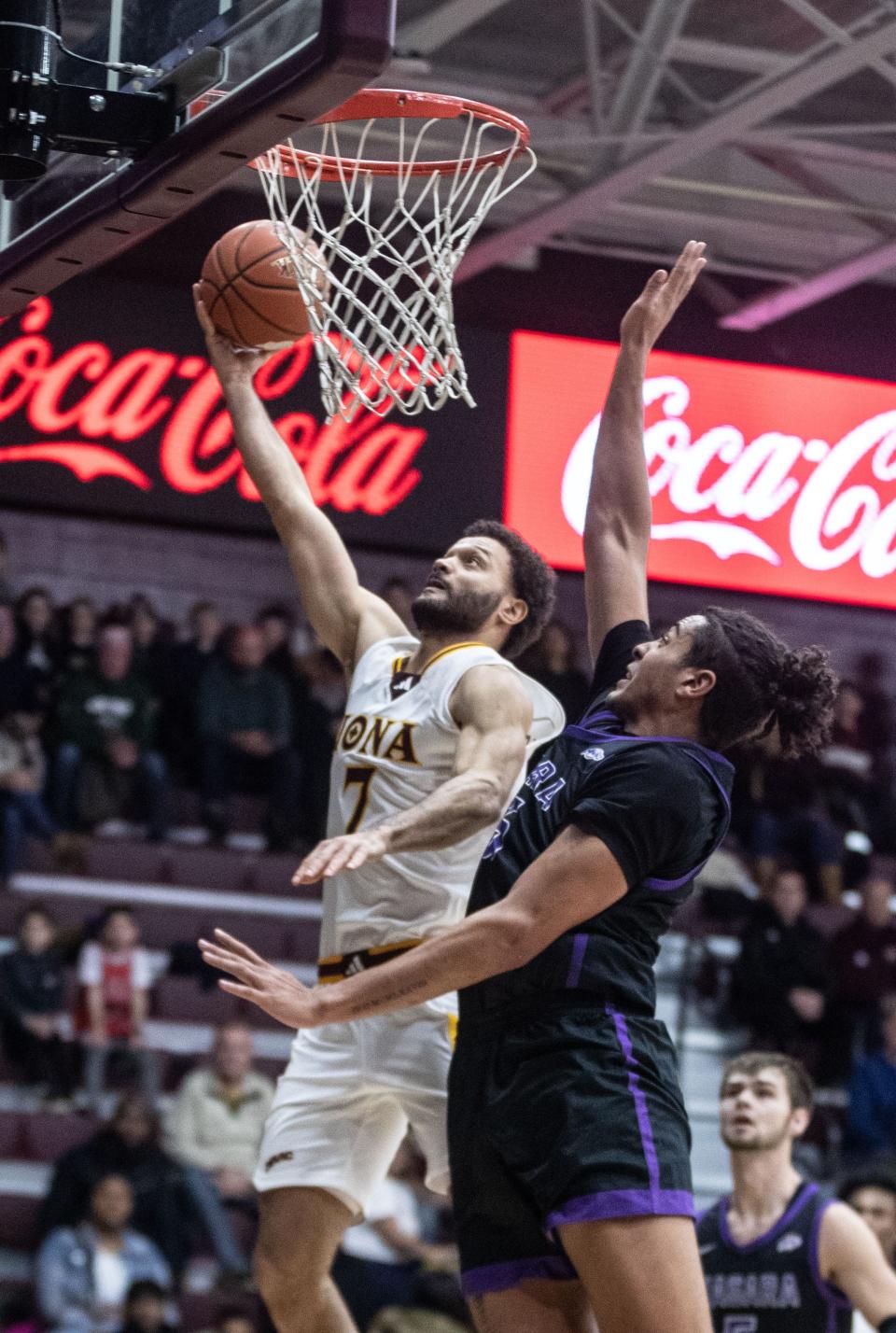Idan Tretout of Iona drives against Niagara during a MAAC conference basketball game at Iona University in New Rochelle Jan. 7, 2024. Niagara defeated Iona 75-73 with a last second three point basket.