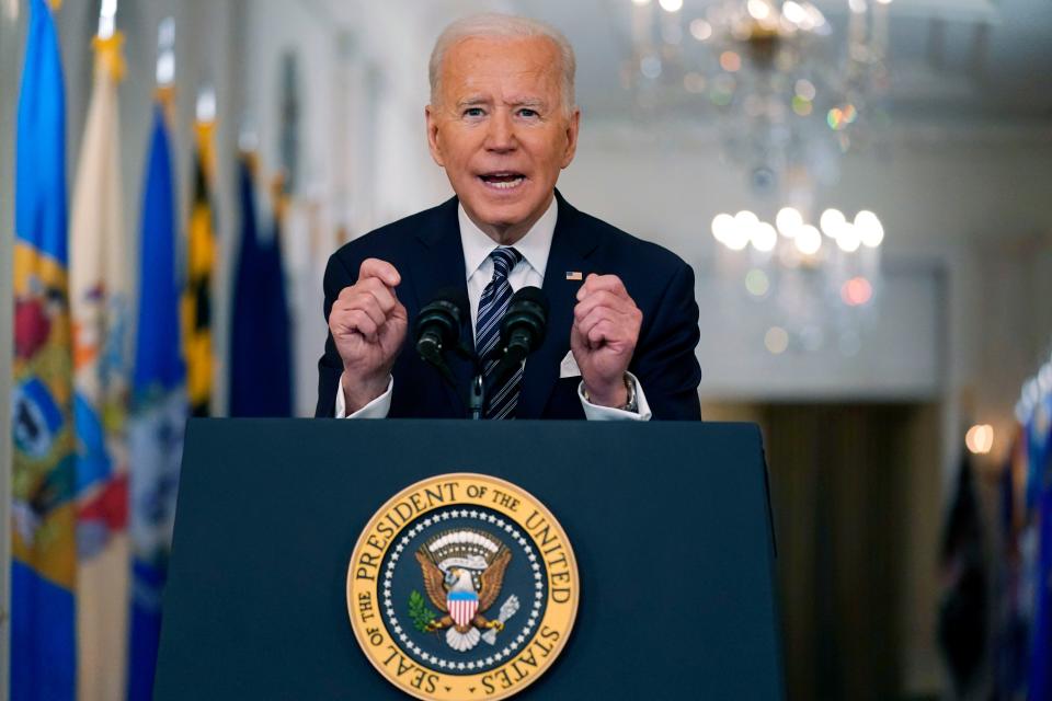 President Joe Biden speaks about the COVID-19 pandemic Thursday during a prime-time address from the White House.