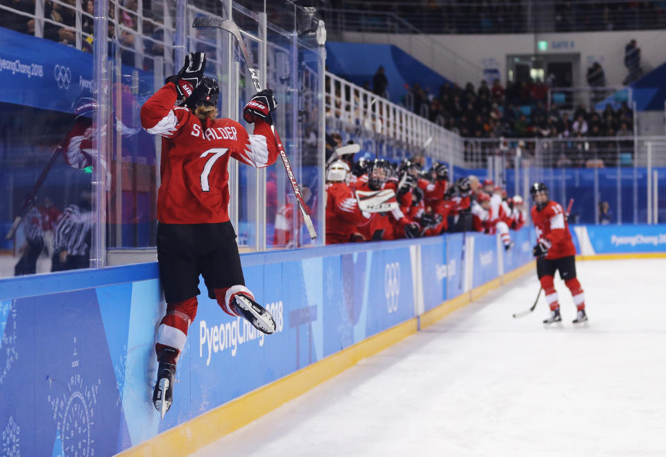 <p>Lara Stalder #7 of Switzerland celebrates after scoring a goal in the second period against Olympic Athlete from Russia during the Ice Hockey Women’s Play-offs Quarterfinals on day eight of the PyeongChang 2018 Winter Olympic Games at Kwangdong Hockey Centre on February 17, 2018 in Gangneung, South Korea. (Photo by Maddie Meyer/Getty Images) </p>