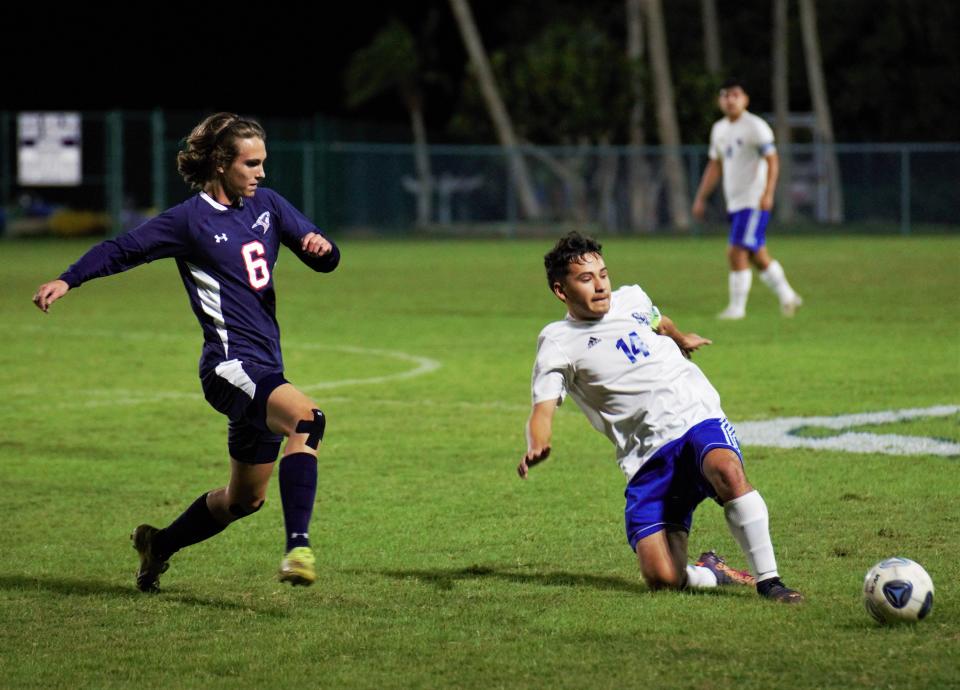Sebastian River's Osiel Bedolla gets off a pass in a high school soccer match against Master's Academy's during the Indian River Cup on Friday, Dec. 16, 2022 in Vero Beach. Bedolla scored in the first half of the Sharks' 3-1 victory.