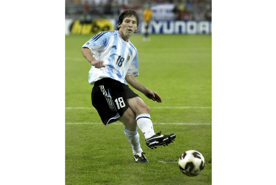 FILE - Argentina's Lionel Messi scores from a penalty during the final match of the World Championships U20, soccer match Argentina versus Nigeria at the Galgenwaard stadium in Utrecht, central Netherlands, Saturday, July 2, 2005. The latest U20 Soccer World Cup, which saw the debut of players like Messi or Diego Maradona, will start in Argentina on Saturday, May 20, 2023. (AP Photo/Fred Erns, File)