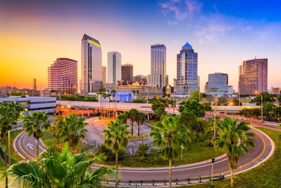 Downtown area with palm trees during sunset.