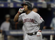 Cleveland Indians' Jose Ramirez reacts as he runs around the bases after his home run off Tampa Bay Rays starting pitcher Blake Snell during the seventh inning of a baseball game Wednesday, Sept. 12, 2018, in St. Petersburg, Fla. (AP Photo/Chris O'Meara)