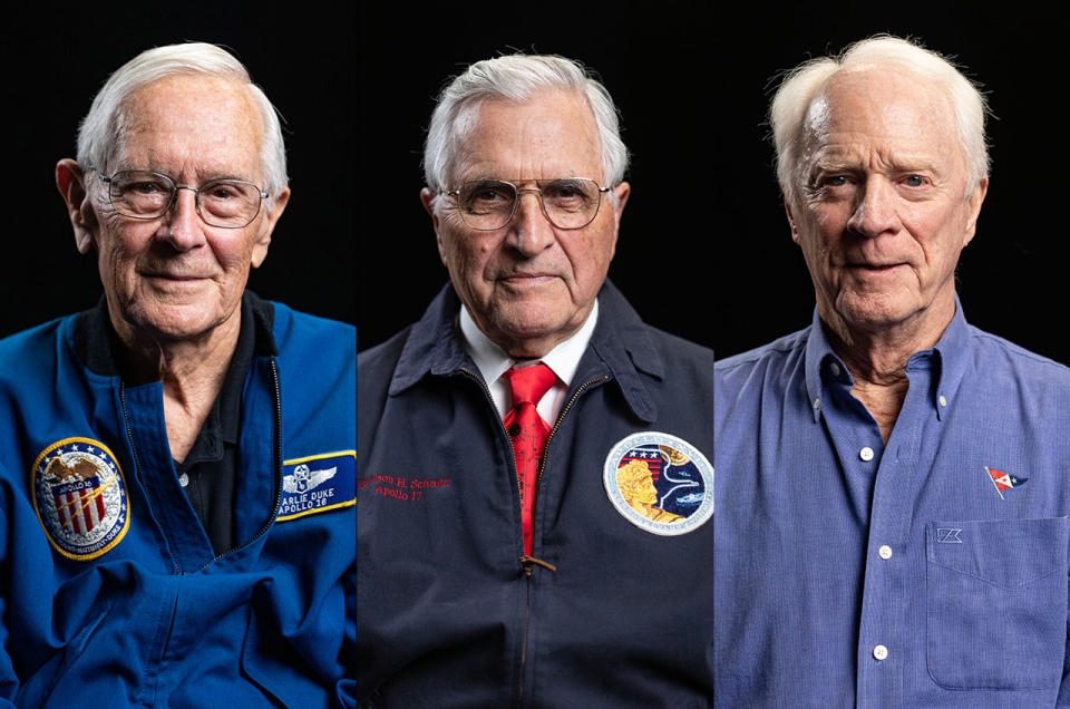 Photo collage of Apollo 16 astronaut Charlie Duke, Harrison Schmitt and Rusty Schweickart as older astronauts