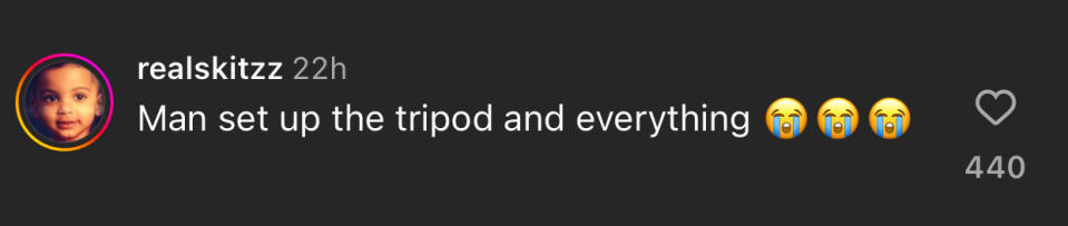 "Man set up the tripod and everything" with multiple laughing, crying emojis