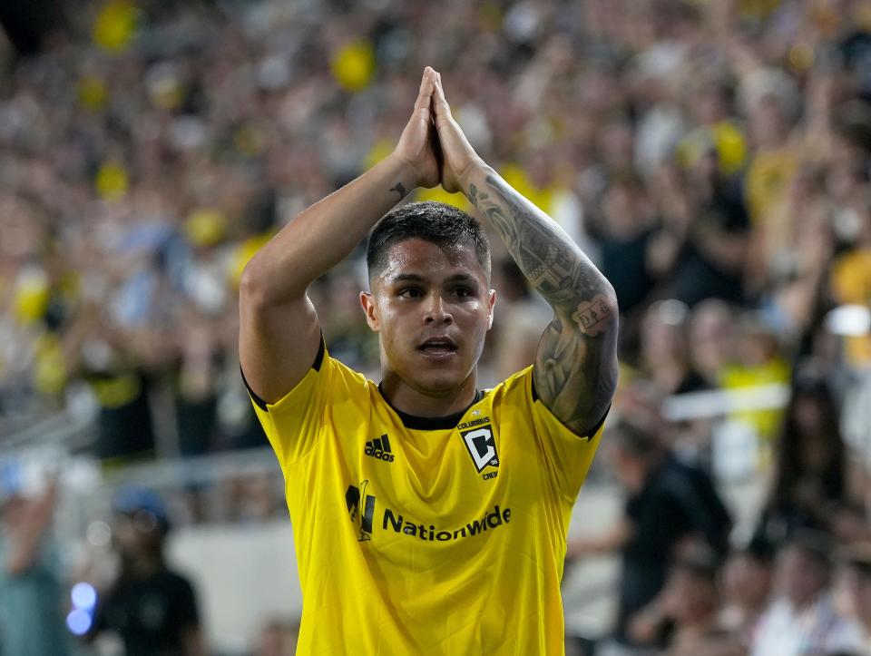 May 31, 2023; Columbus, Oh., USA; Columbus Crew forward Cucho Hernandez (9) celebrates after scoring a goal during the second half of Wednesday's match at Lower.com Field. Mandatory Credit: Barbara J. Perenic/The Columbus Dispatch